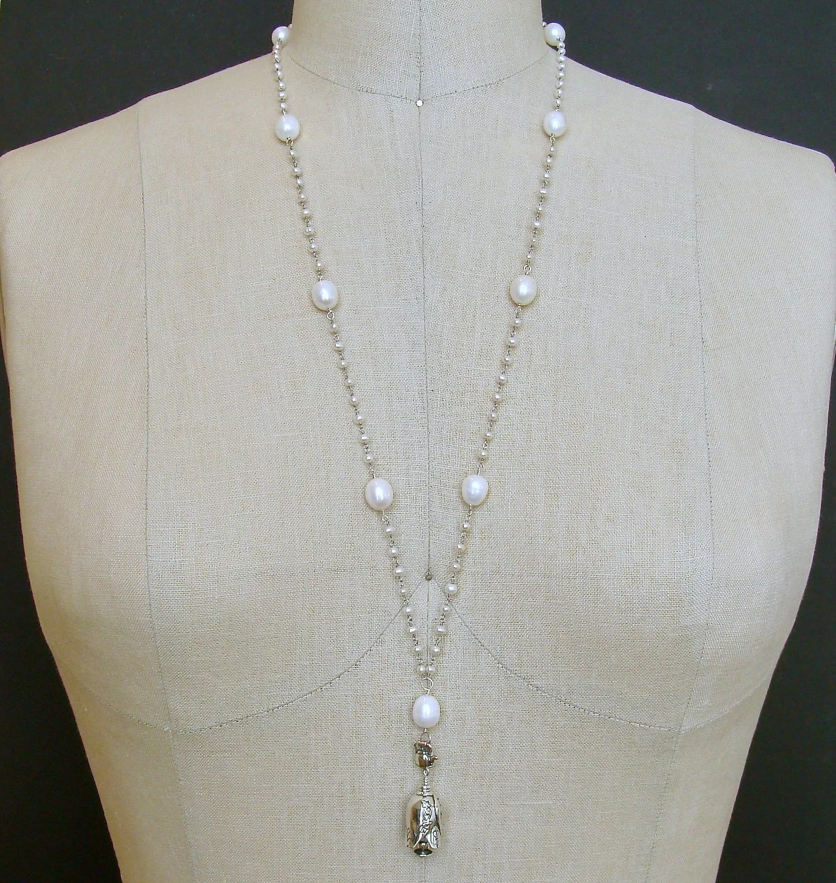 Seed Pearl Baroque Pearl Grandmother Teapot and Cup Bell Necklace - Grandmother Bell Necklace