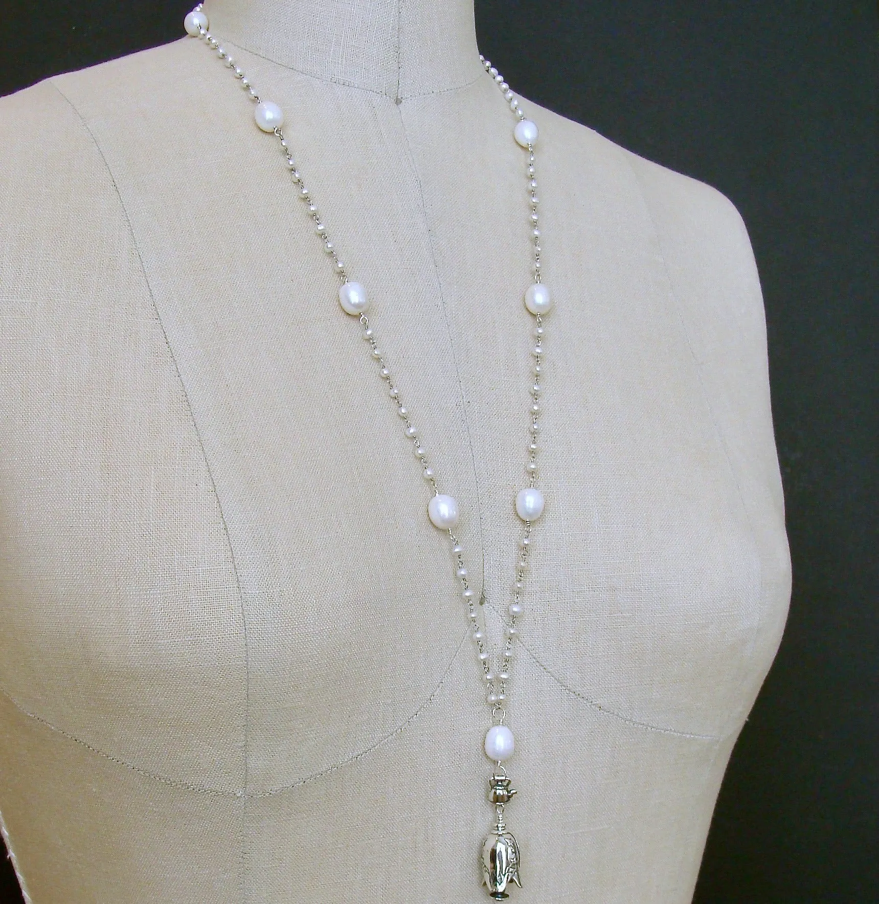 Seed Pearl Baroque Pearl Grandmother Teapot and Cup Bell Necklace - Grandmother Bell Necklace