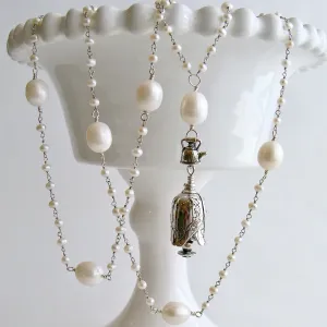 Seed Pearl Baroque Pearl Grandmother Teapot and Cup Bell Necklace - Grandmother Bell Necklace