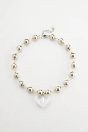 Silver Ball Chain Crystal Heart Pendant Necklace