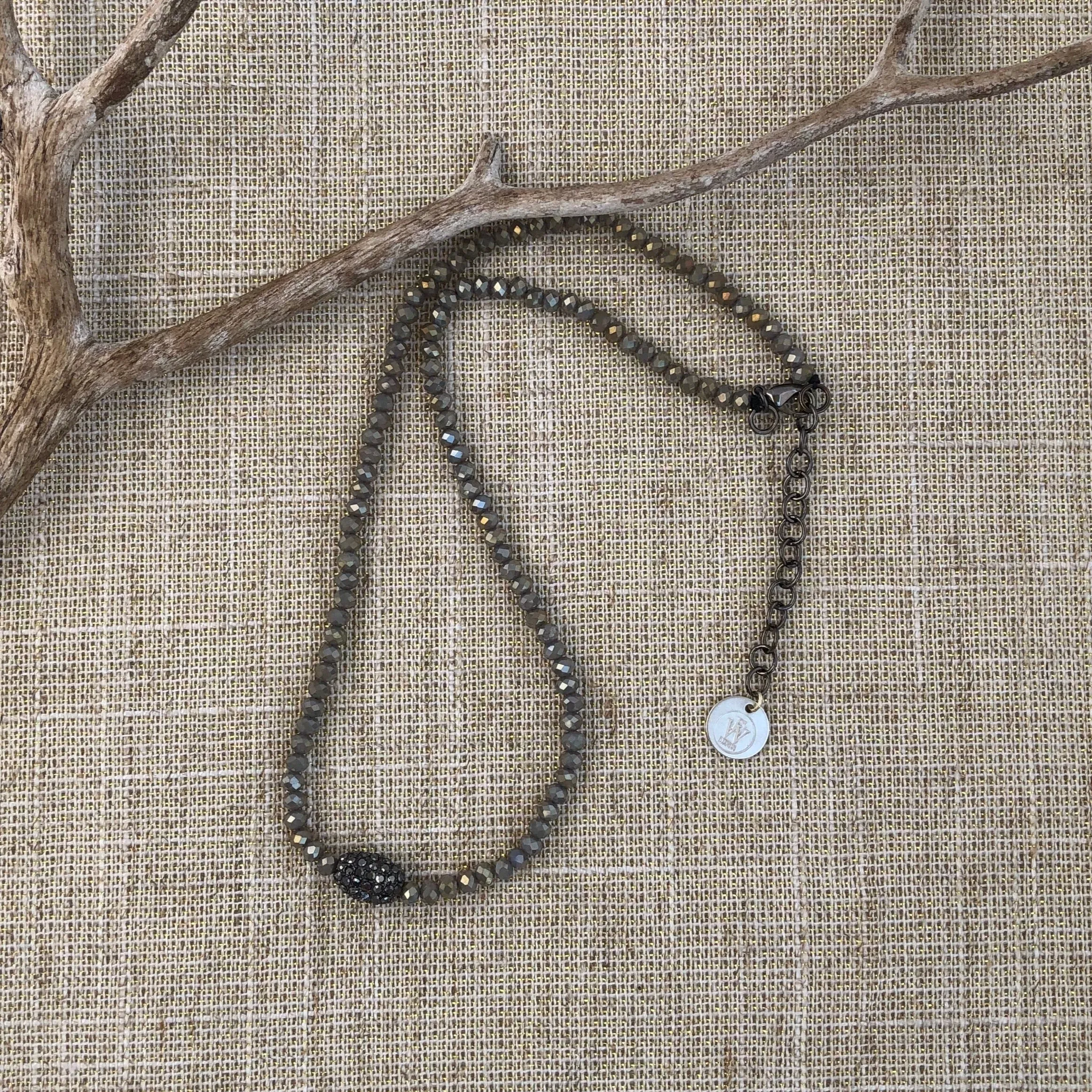 Silver Crystals Necklace with an oblong pave embellished beads in the center 310-20 Erika Williner Designs