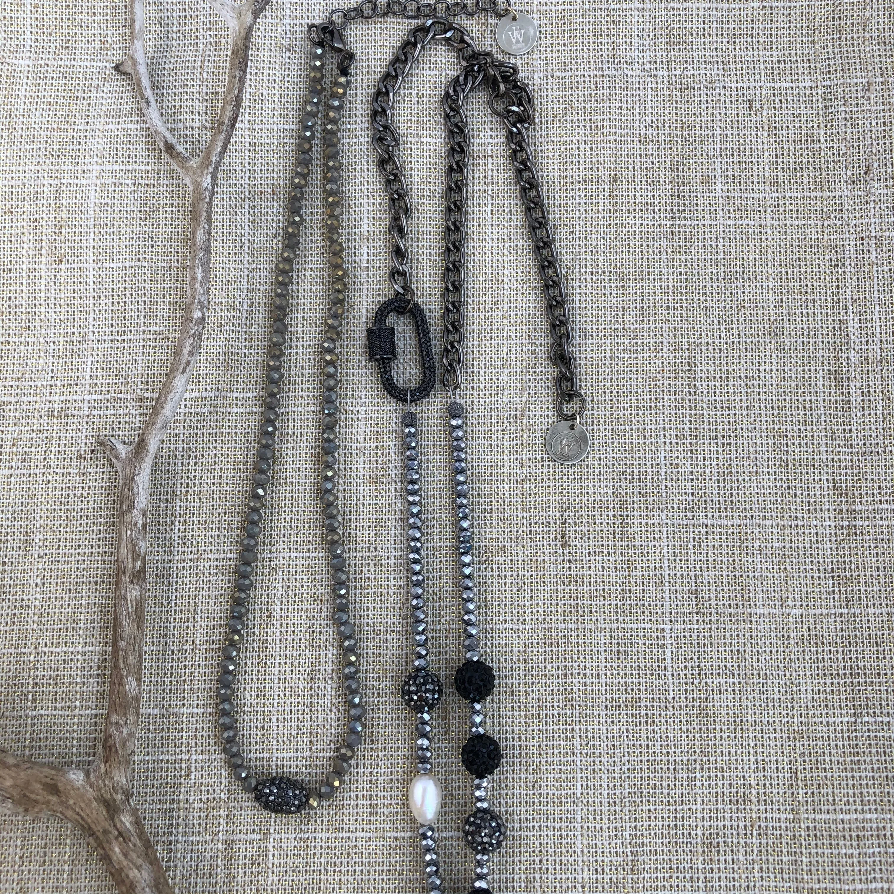 Silver Crystals Necklace with an oblong pave embellished beads in the center 310-20 Erika Williner Designs