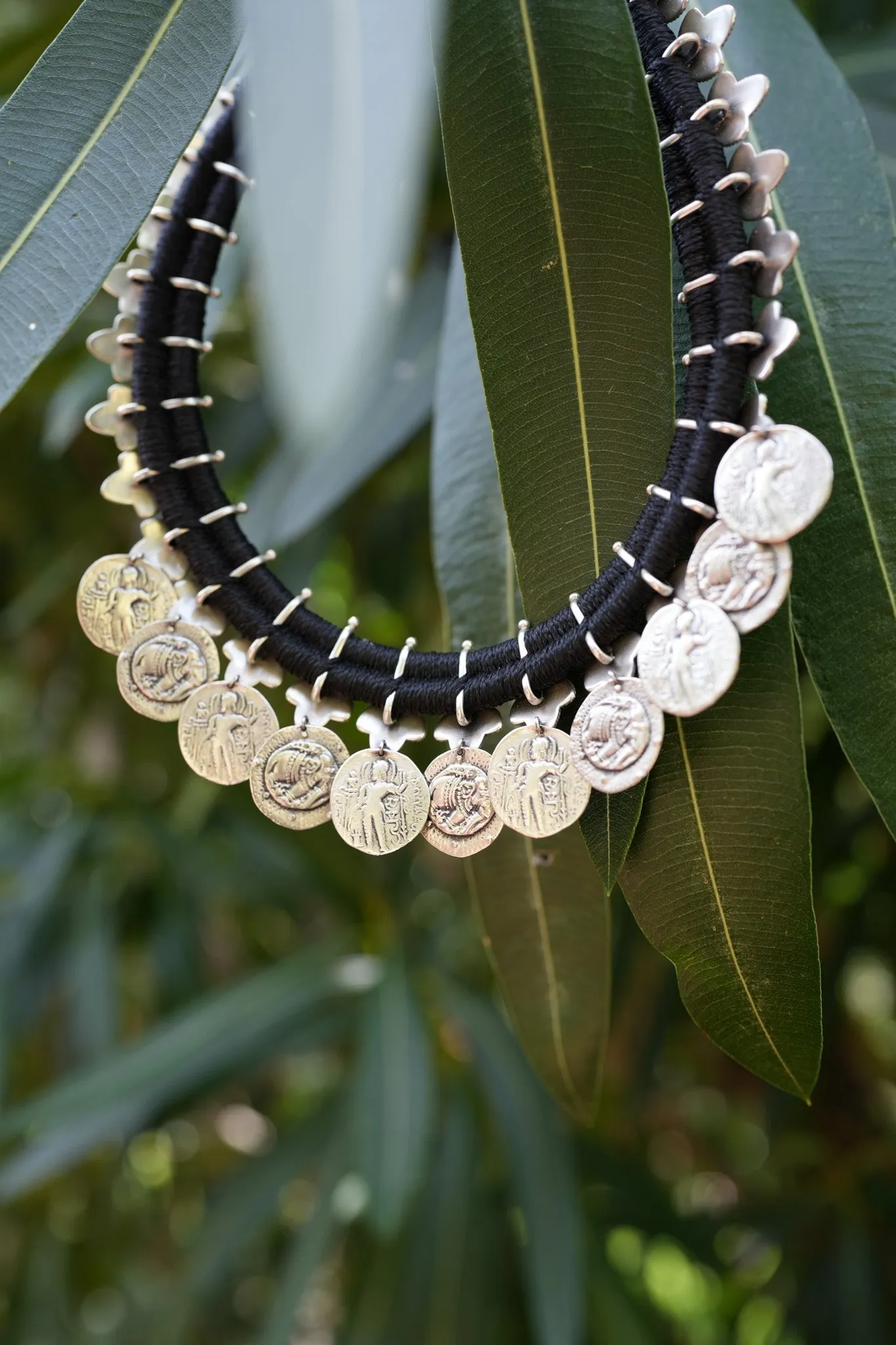 Silver Oxidised Lotus Coin Thread Necklace