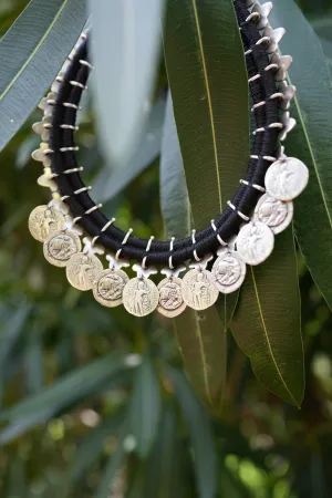 Silver Oxidised Lotus Coin Thread Necklace