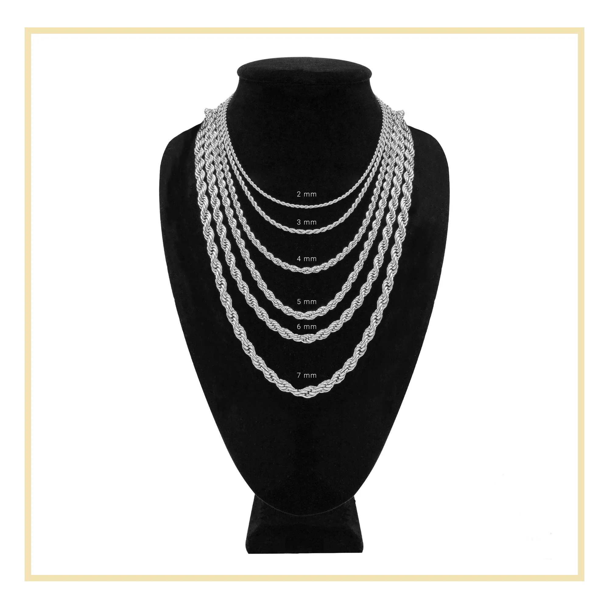 Silver Rope Chain Twisted Link Necklace for Men 18" 20" 24" 30" Length | 2 mm - 7 mm Width