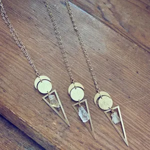 skygazer and night skygazer //  crescent moon, full moon, citrine or amethyst crystal and long triangle pendant necklace