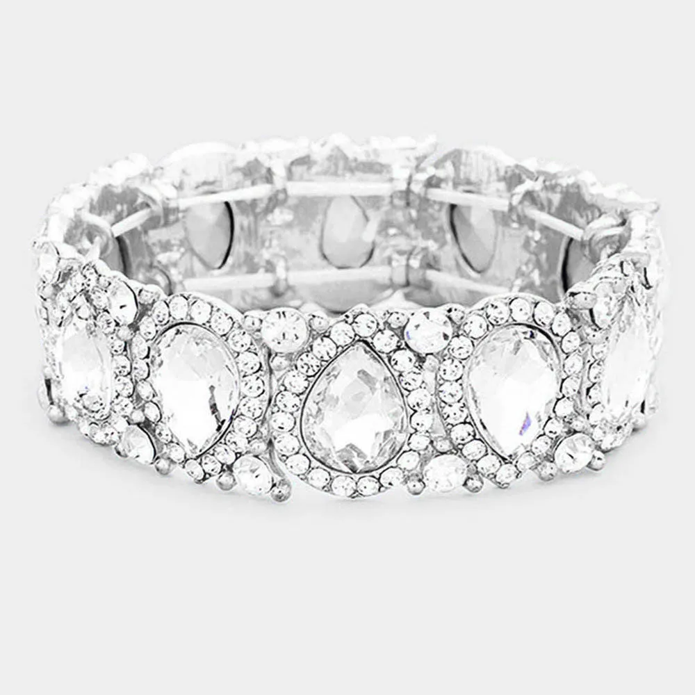 Slim Clear Crystal Pear and Rhinestone Stretch Bracelet  | Pageant Jewelry | 382419