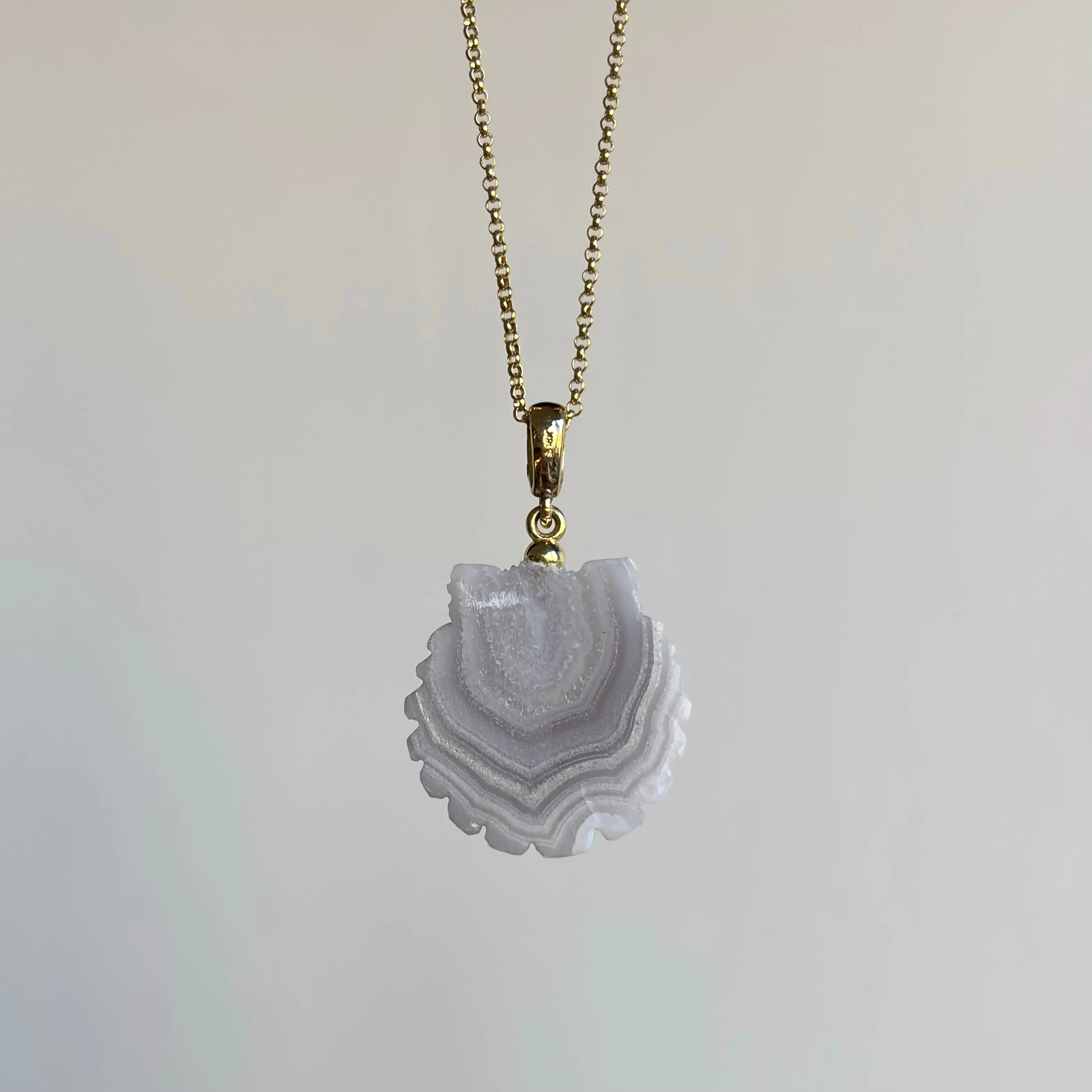 Small Hand Carved Laguna Agate Scallop Shell Pendant with Diamond