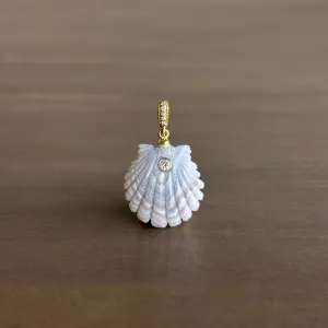 Small Hand Carved Laguna Agate Scallop Shell Pendant with Diamond