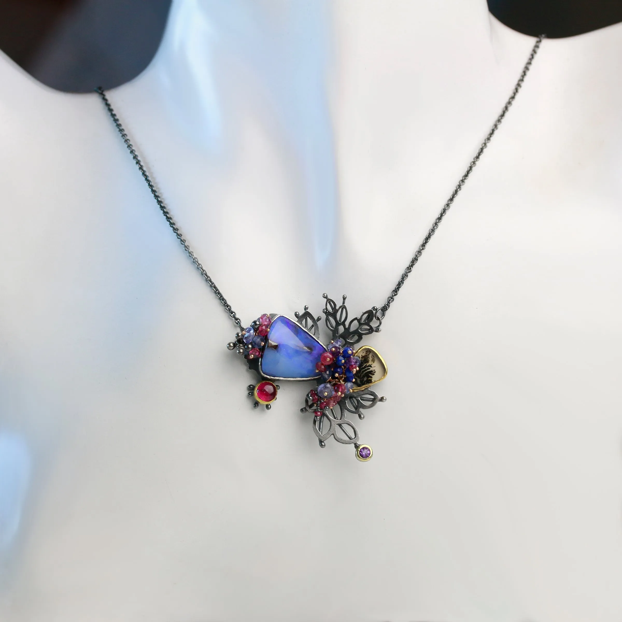 SOLD! Boulder Opal and Dendritic Agate Leafy Pendant