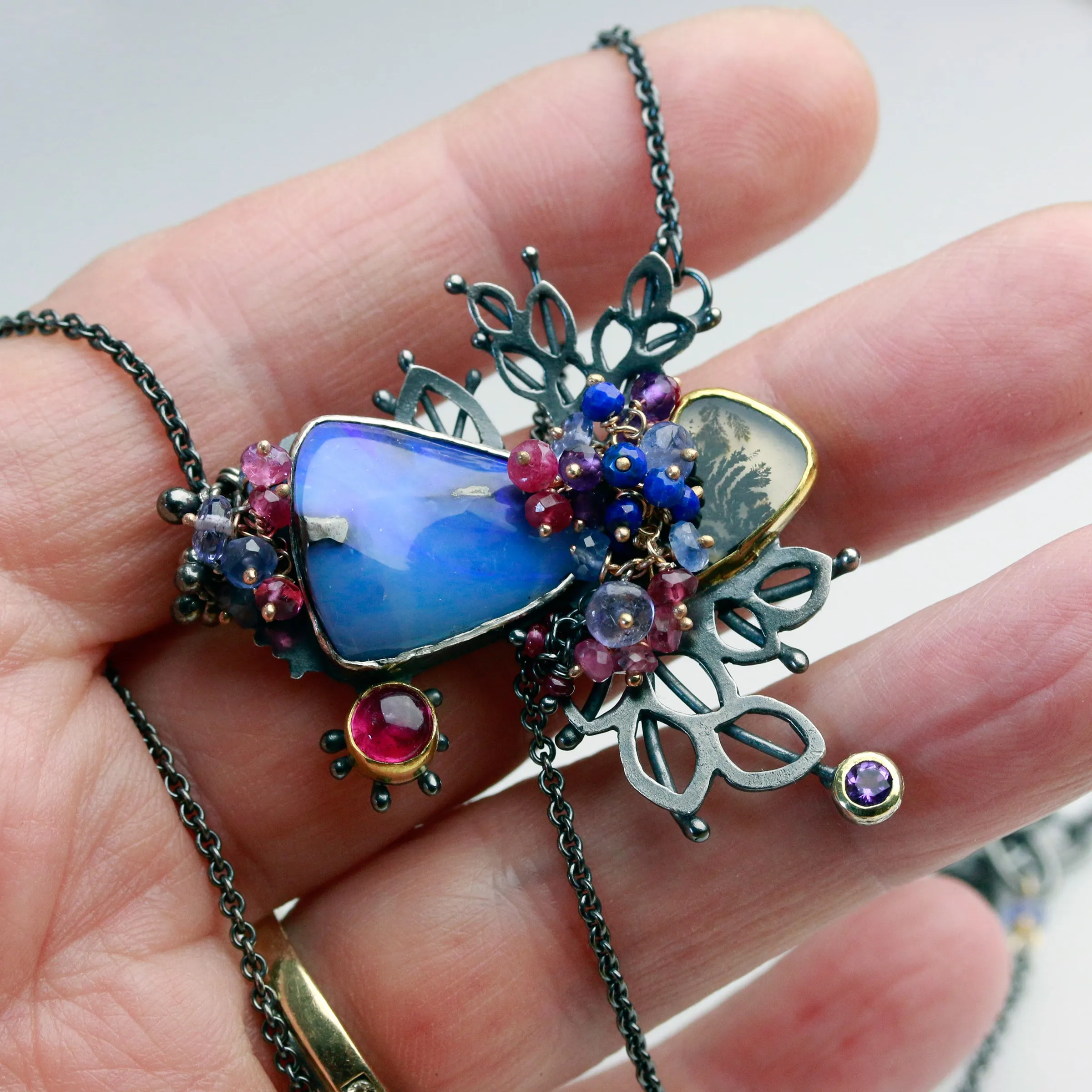 SOLD! Boulder Opal and Dendritic Agate Leafy Pendant