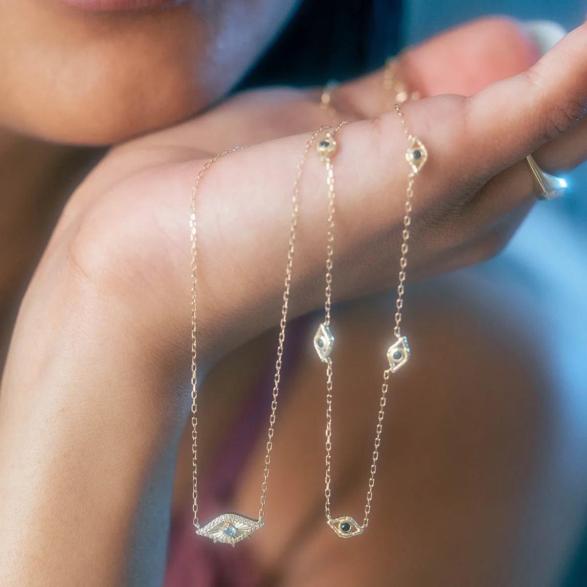 Solid Gold Evil Eye Station Necklace