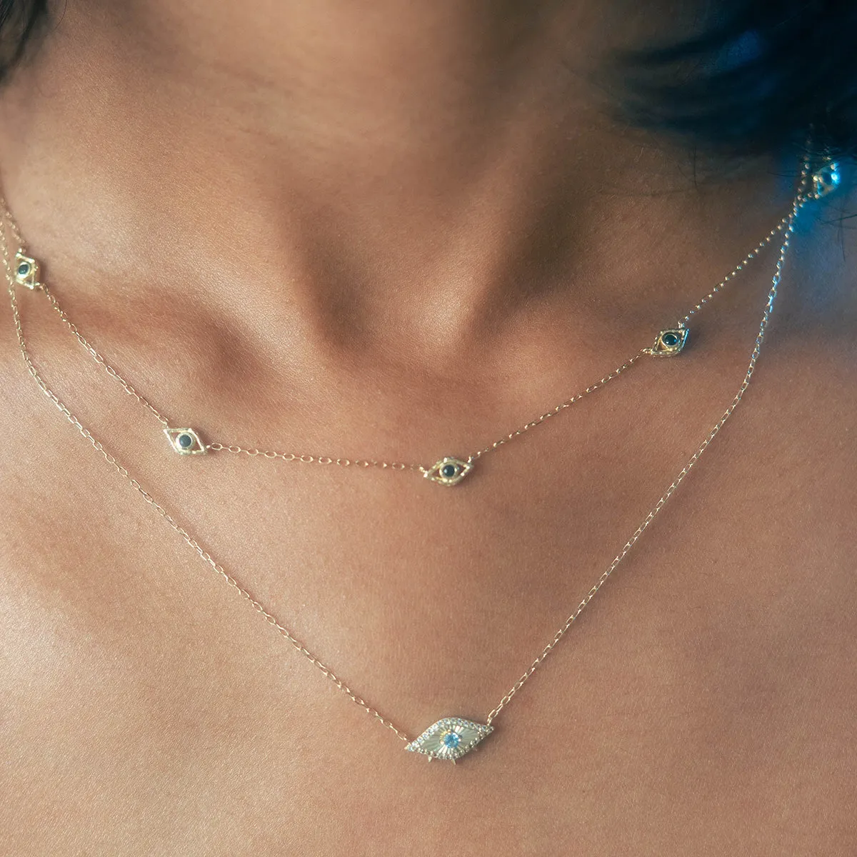 Solid Gold Evil Eye Station Necklace