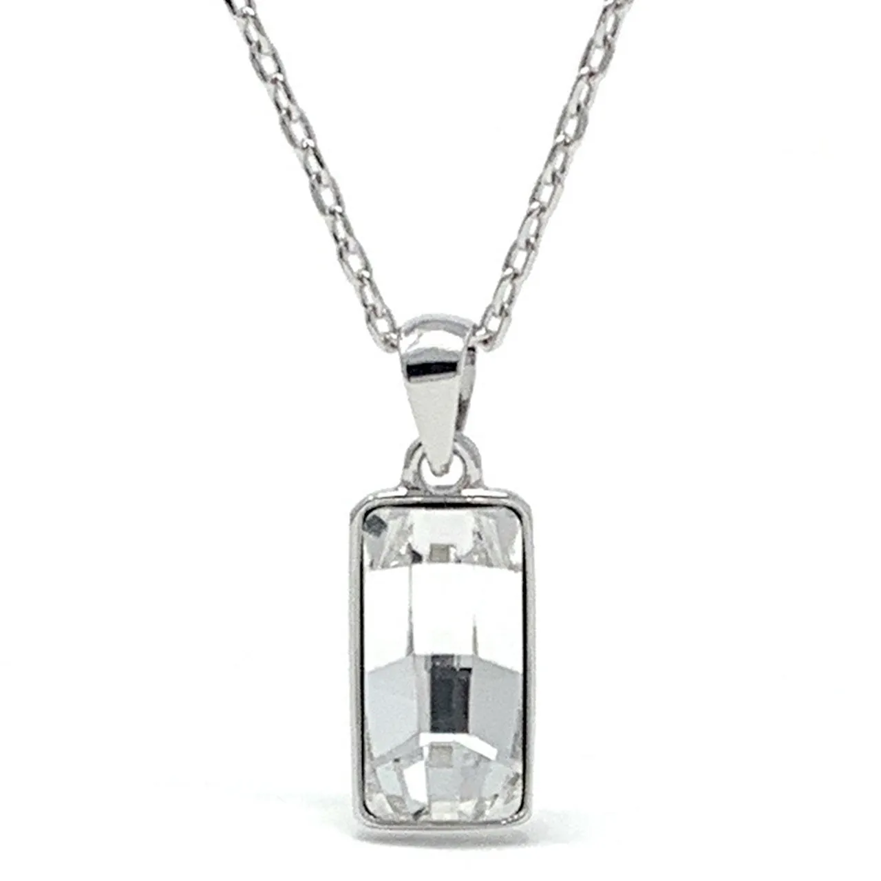 Sophia Pendant Necklace with White Clear Rectangle Crystals from Swarovski Silver Toned Rhodium Plated