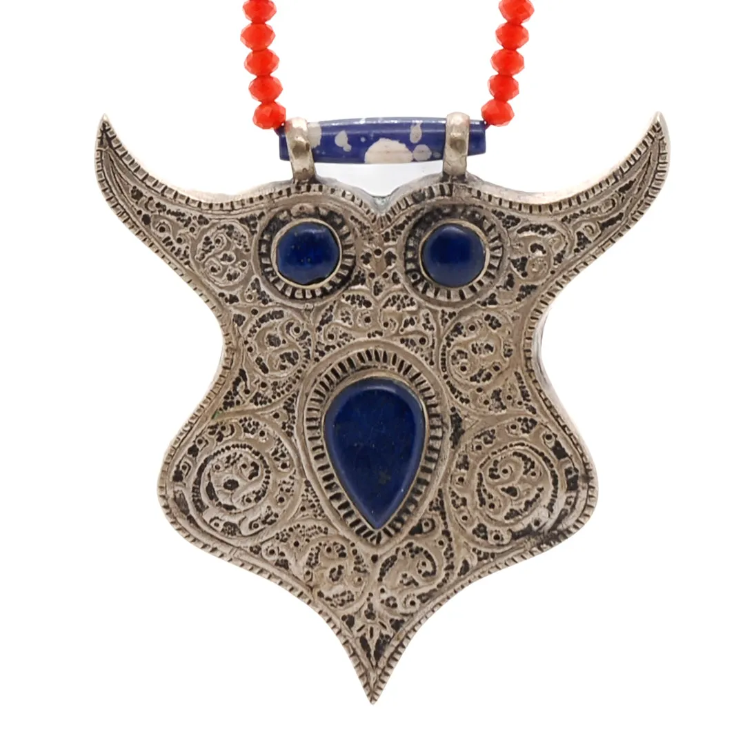 Spirit Animal Silver & Lapis Lazuli Stone Owl Pendant Unique Beaded Necklace
