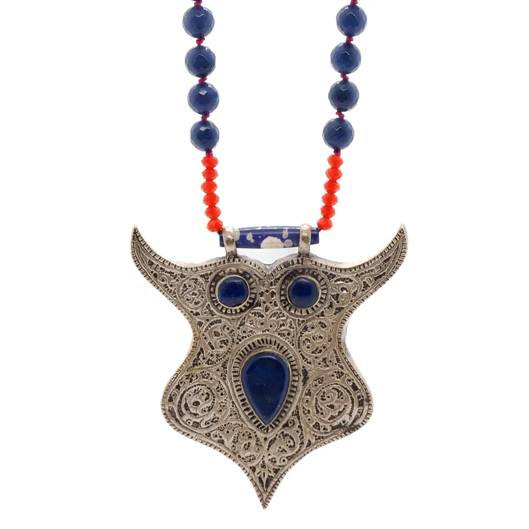 Spirit Animal Silver & Lapis Lazuli Stone Owl Pendant Unique Beaded Necklace