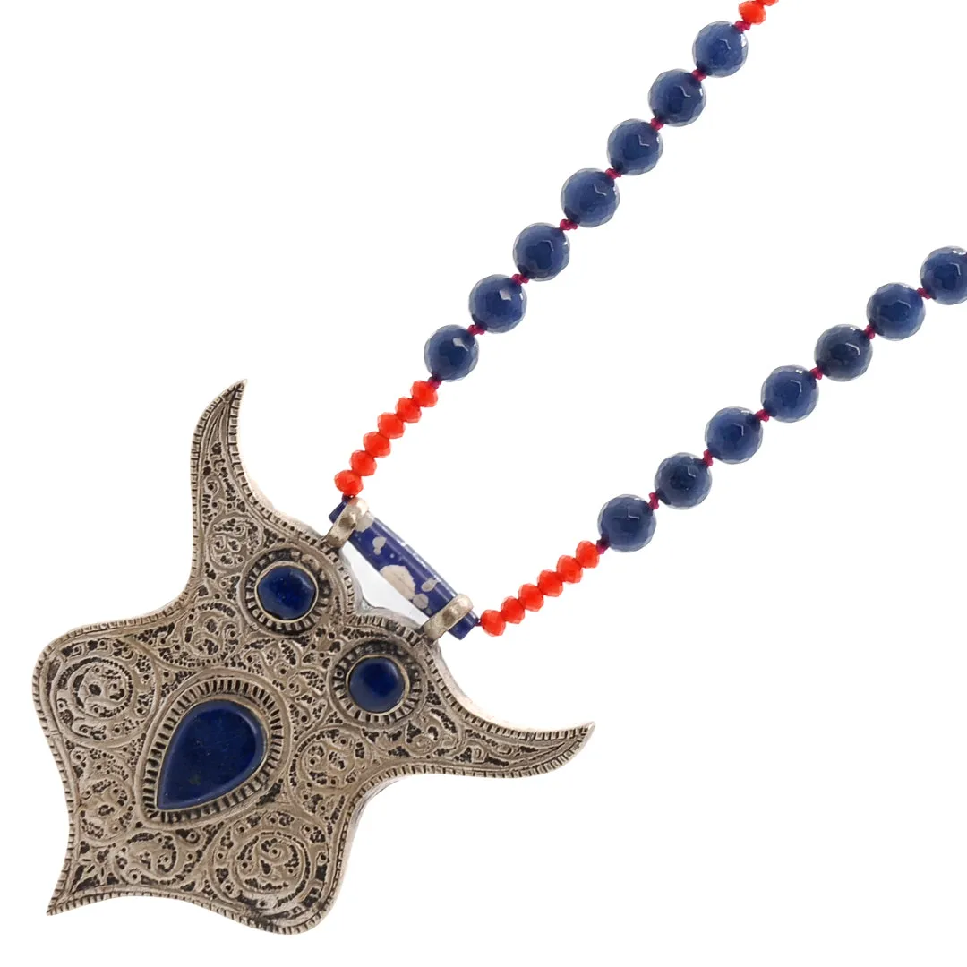 Spirit Animal Silver & Lapis Lazuli Stone Owl Pendant Unique Beaded Necklace