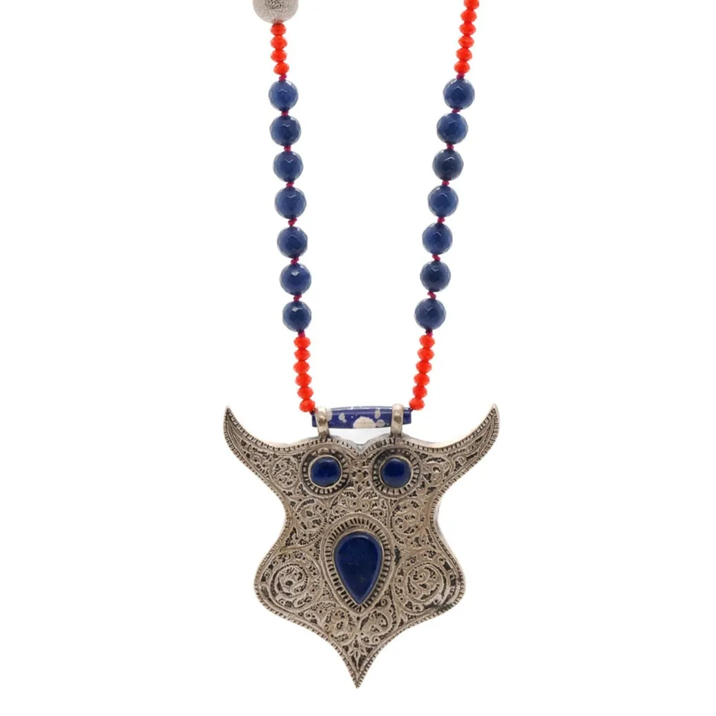 Spirit Animal Silver & Lapis Lazuli Stone Owl Pendant Unique Beaded Necklace