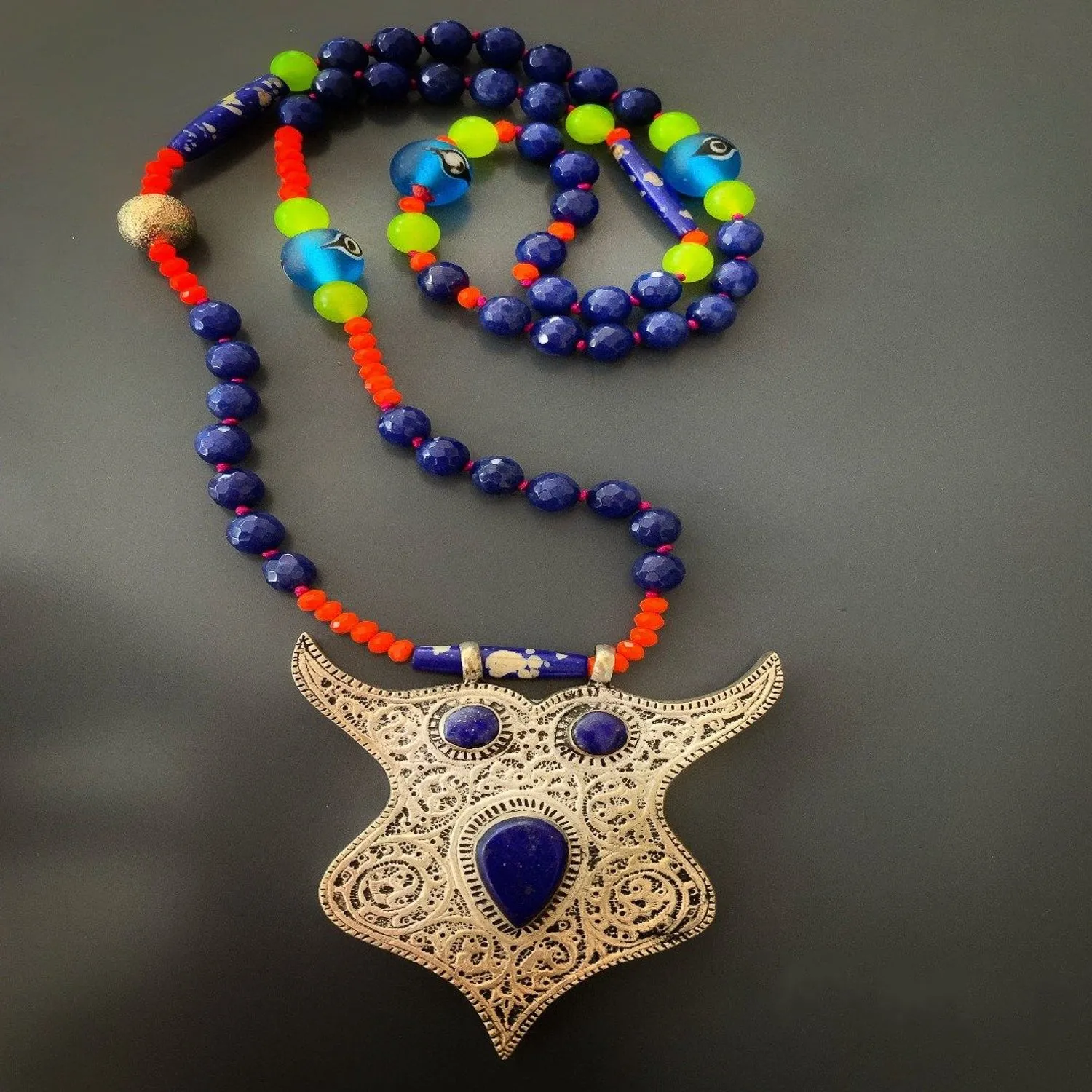 Spirit Animal Silver & Lapis Lazuli Stone Owl Pendant Unique Beaded Necklace