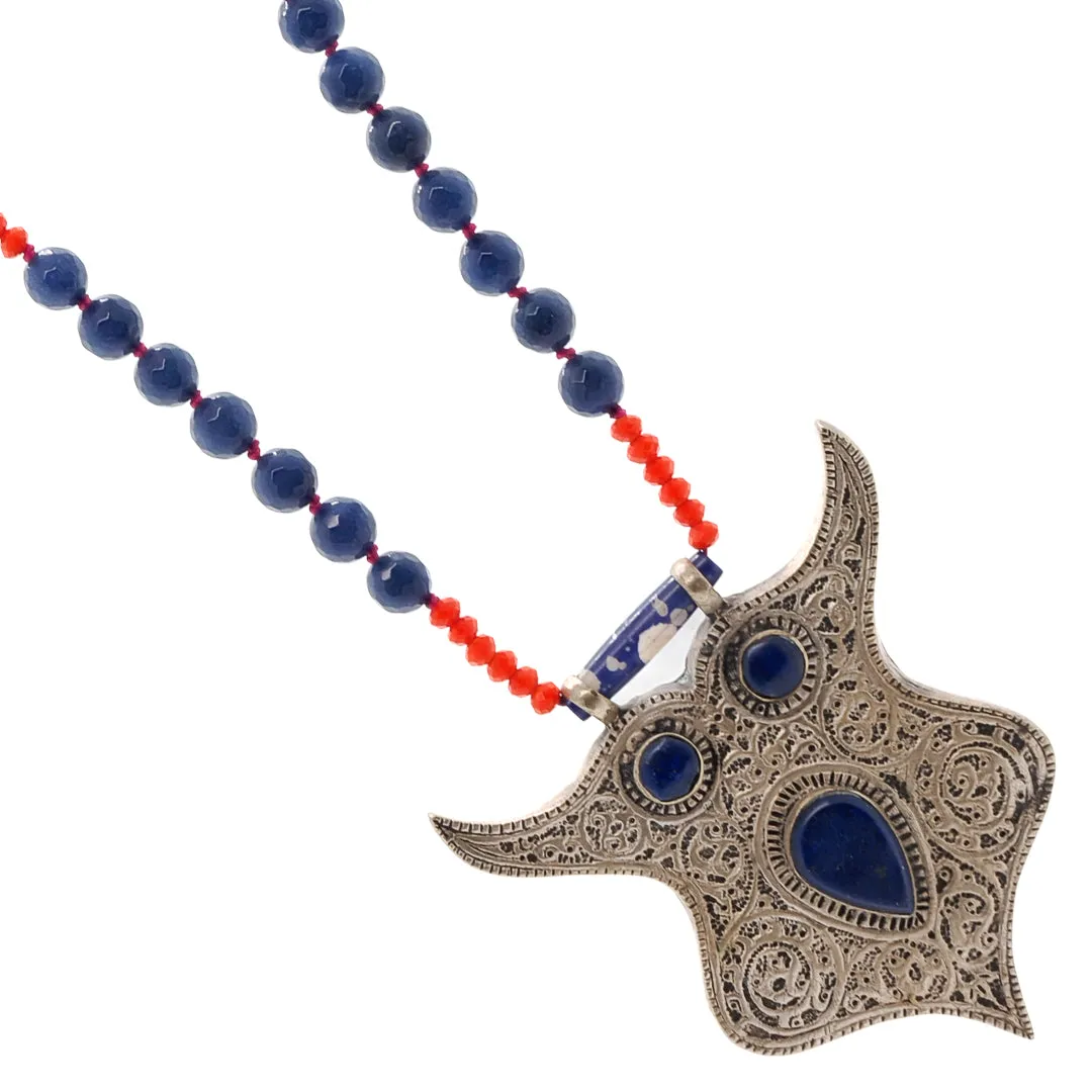 Spirit Animal Silver & Lapis Lazuli Stone Owl Pendant Unique Beaded Necklace