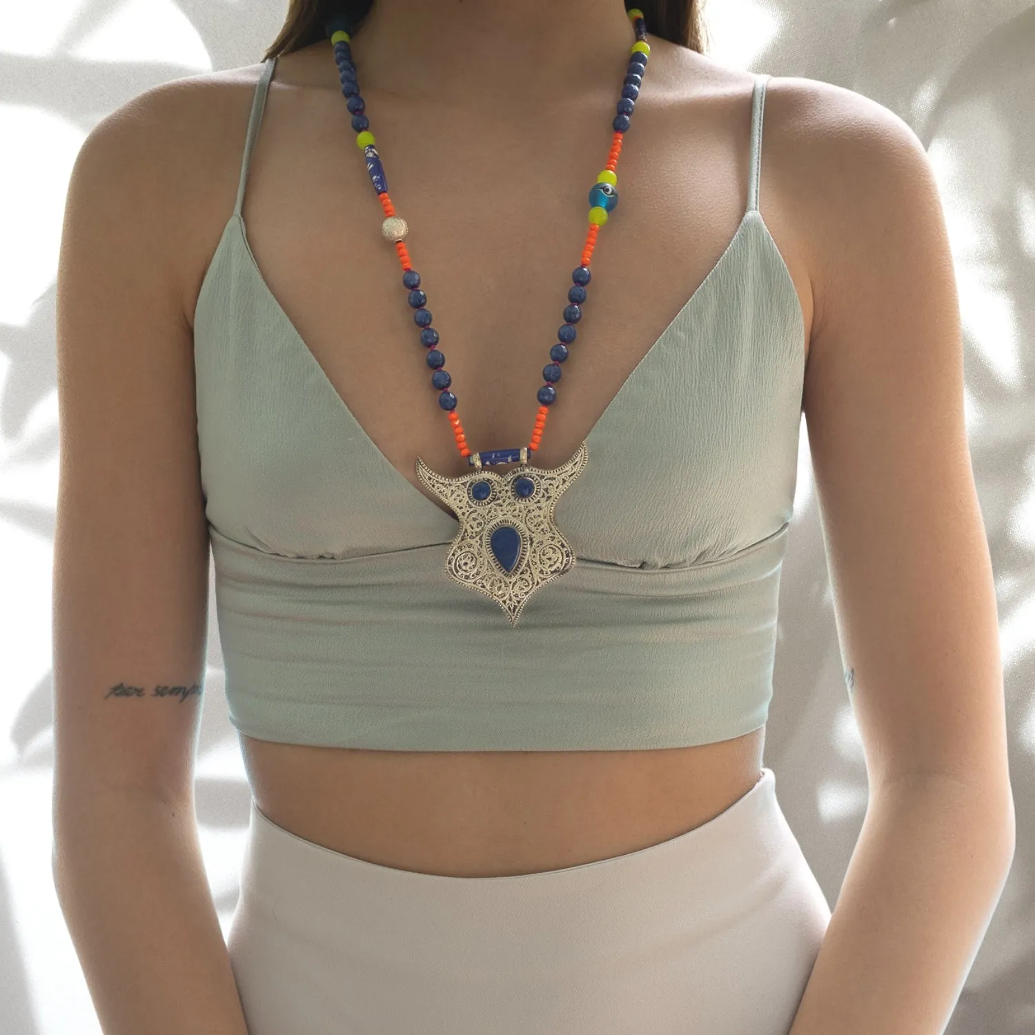 Spirit Animal Silver & Lapis Lazuli Stone Owl Pendant Unique Beaded Necklace