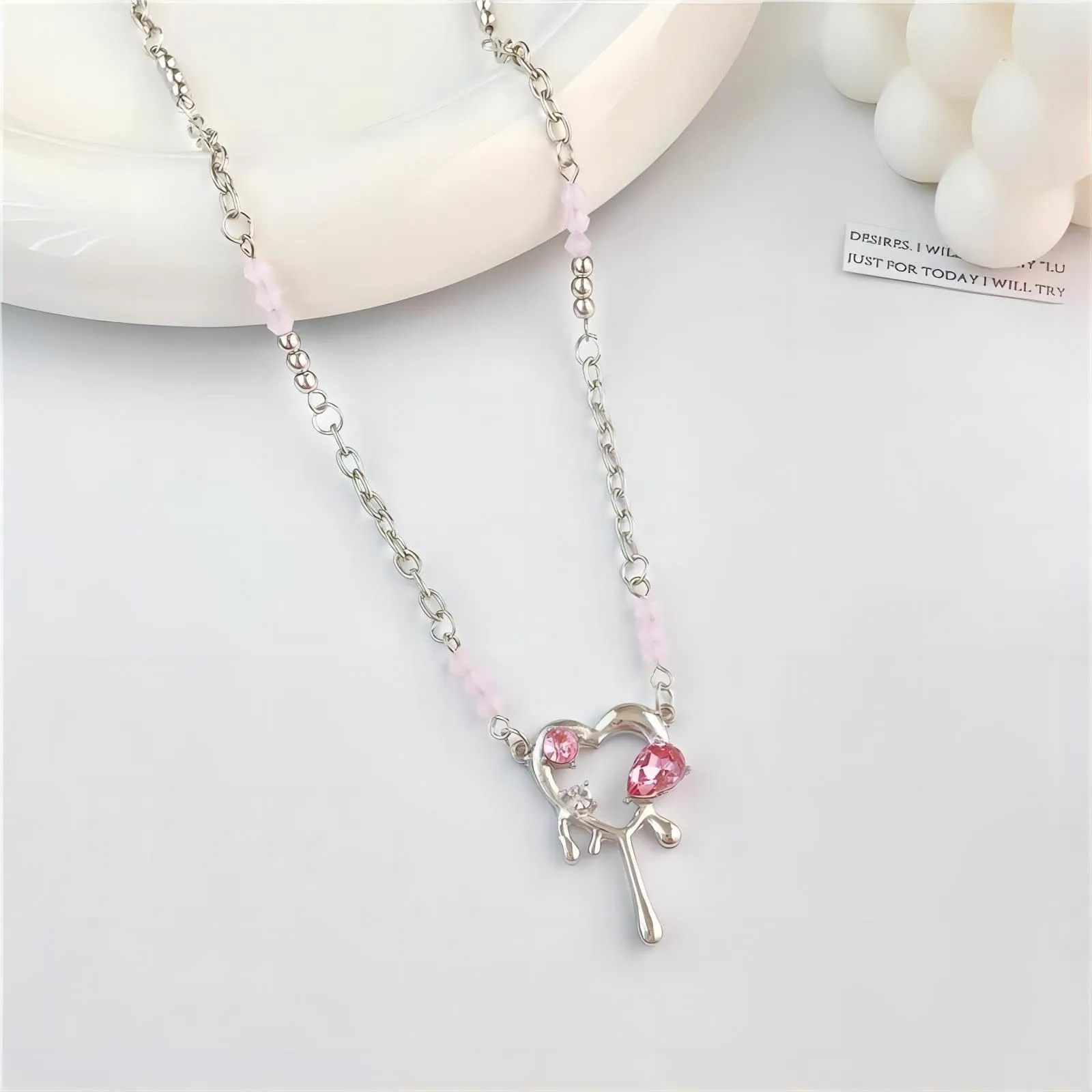 Stainless Steel Rhinestone Melting Heart Necklace
