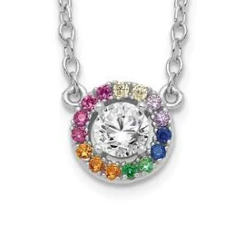 Sterling Silver Colorful Rainbow Circle Halo 18" Necklace