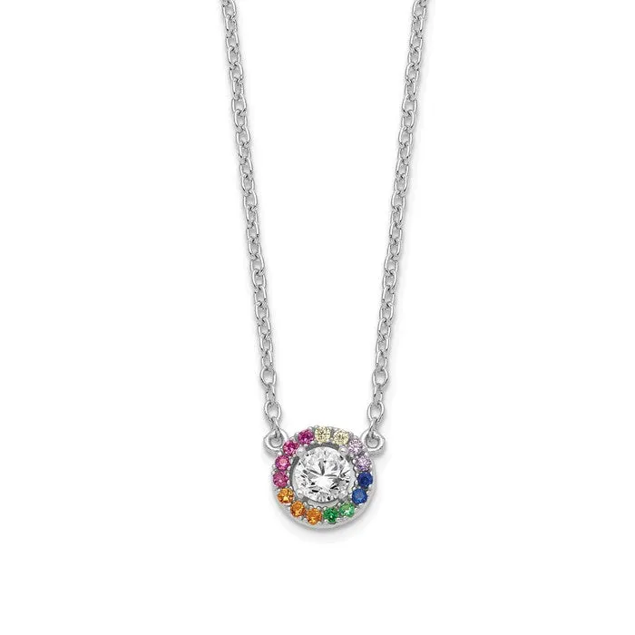 Sterling Silver Colorful Rainbow Circle Halo 18" Necklace