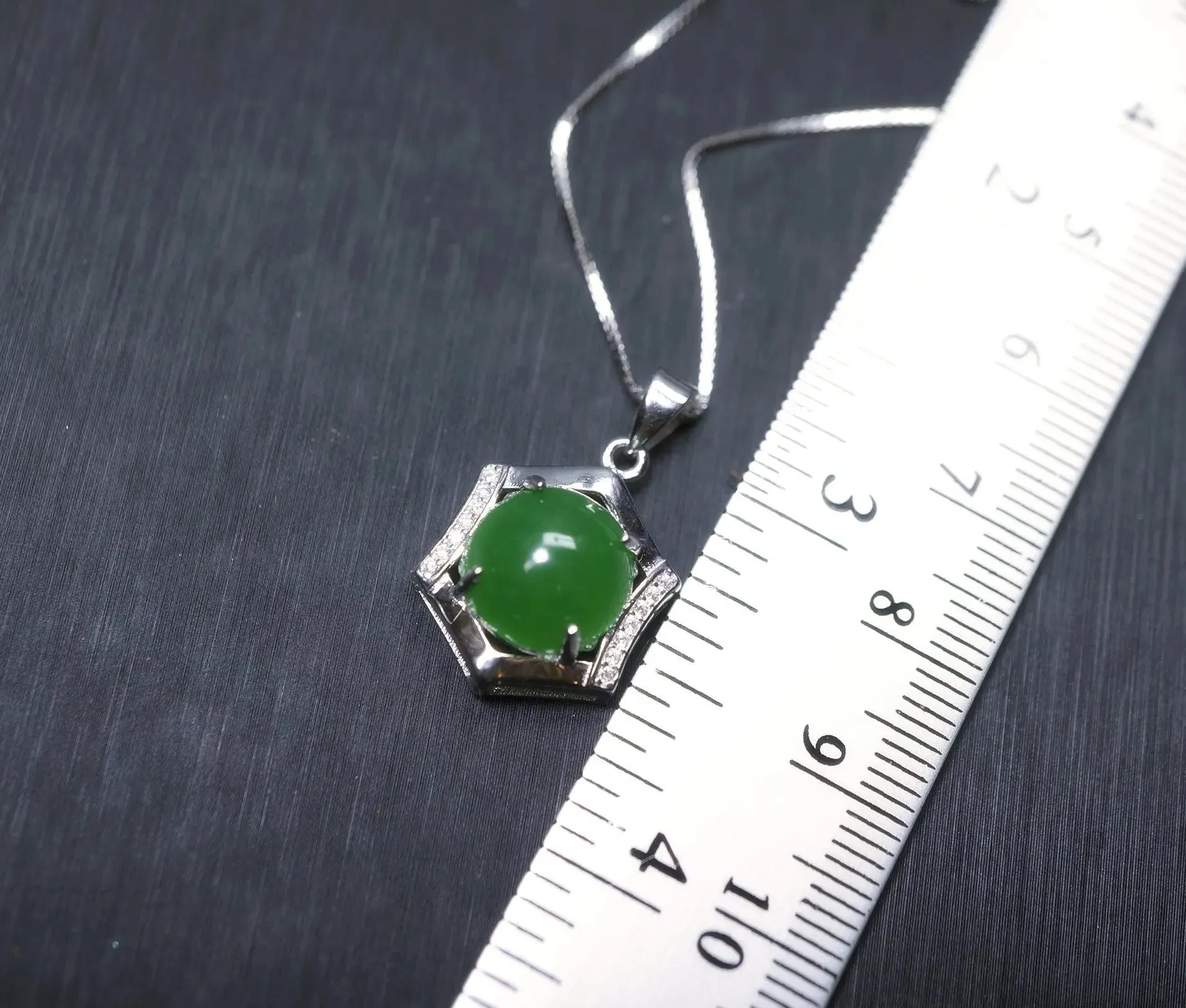 Sterling Silver Green Jade Necklace Diamond Hexagon Six Sides Geometric White Gold Coated Halo Solitaire  Green Gemstone Pendant