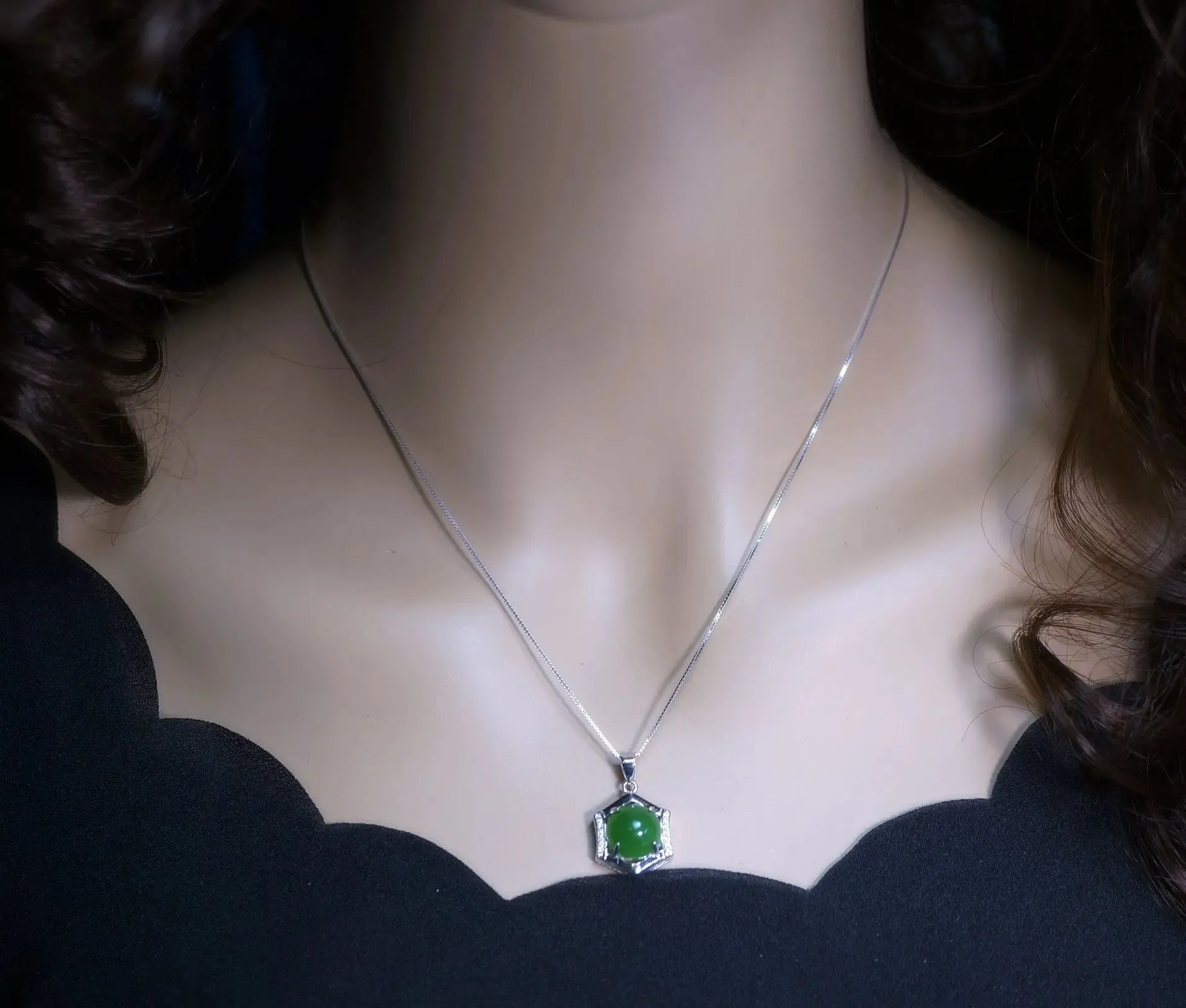 Sterling Silver Green Jade Necklace Diamond Hexagon Six Sides Geometric White Gold Coated Halo Solitaire  Green Gemstone Pendant