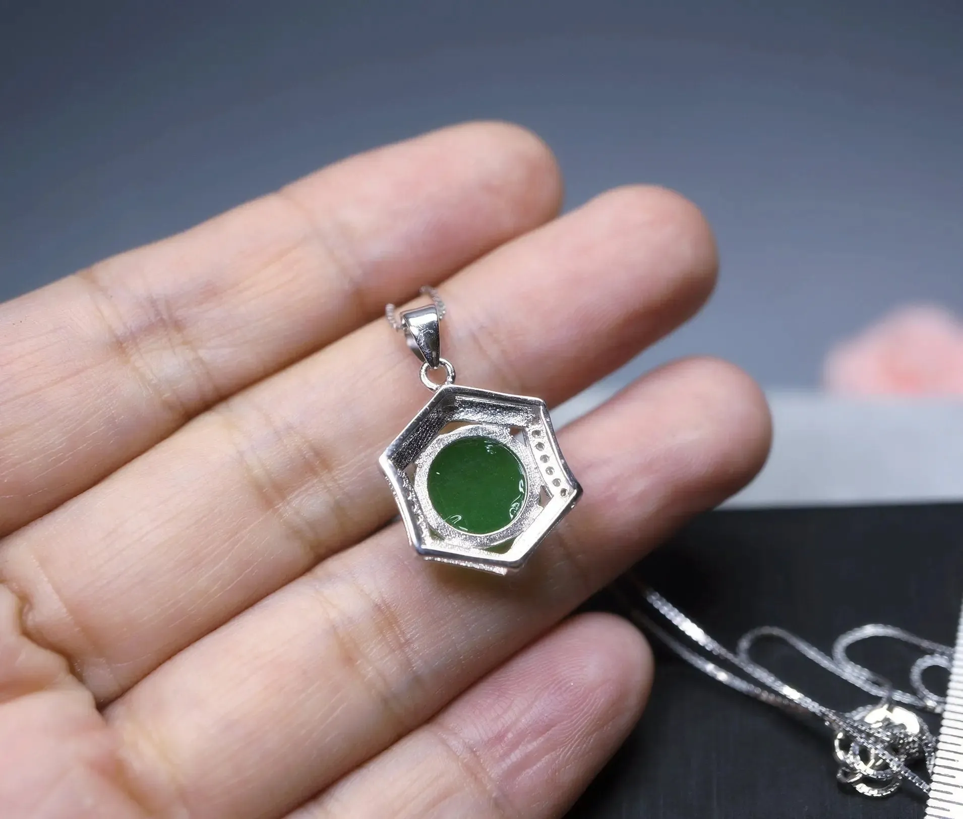 Sterling Silver Green Jade Necklace Diamond Hexagon Six Sides Geometric White Gold Coated Halo Solitaire  Green Gemstone Pendant
