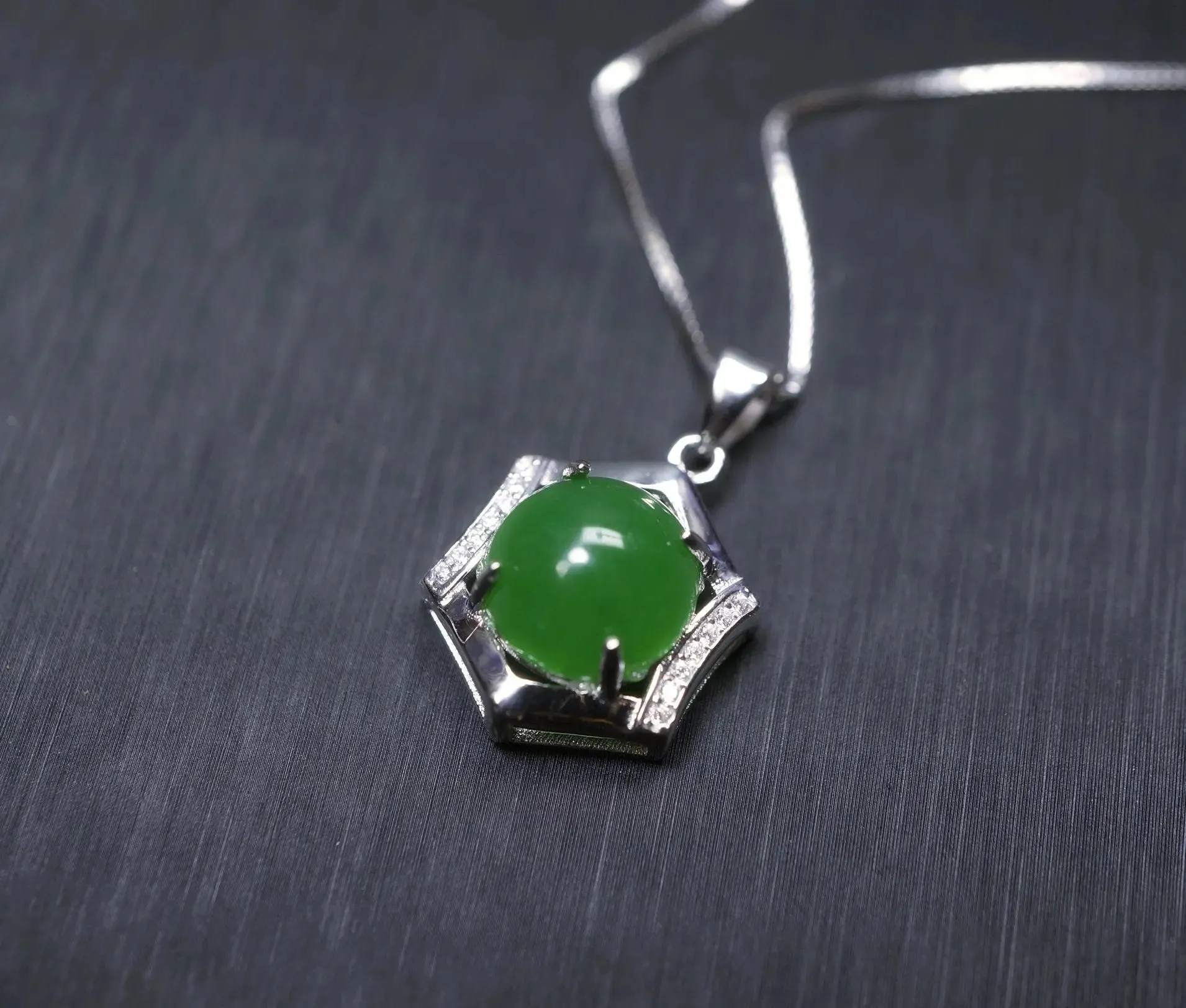 Sterling Silver Green Jade Necklace Diamond Hexagon Six Sides Geometric White Gold Coated Halo Solitaire  Green Gemstone Pendant