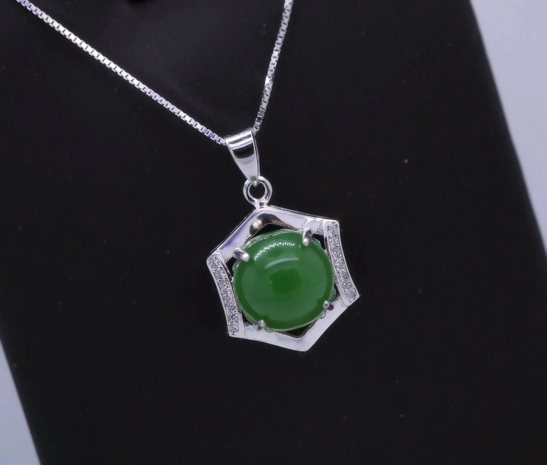 Sterling Silver Green Jade Necklace Diamond Hexagon Six Sides Geometric White Gold Coated Halo Solitaire  Green Gemstone Pendant