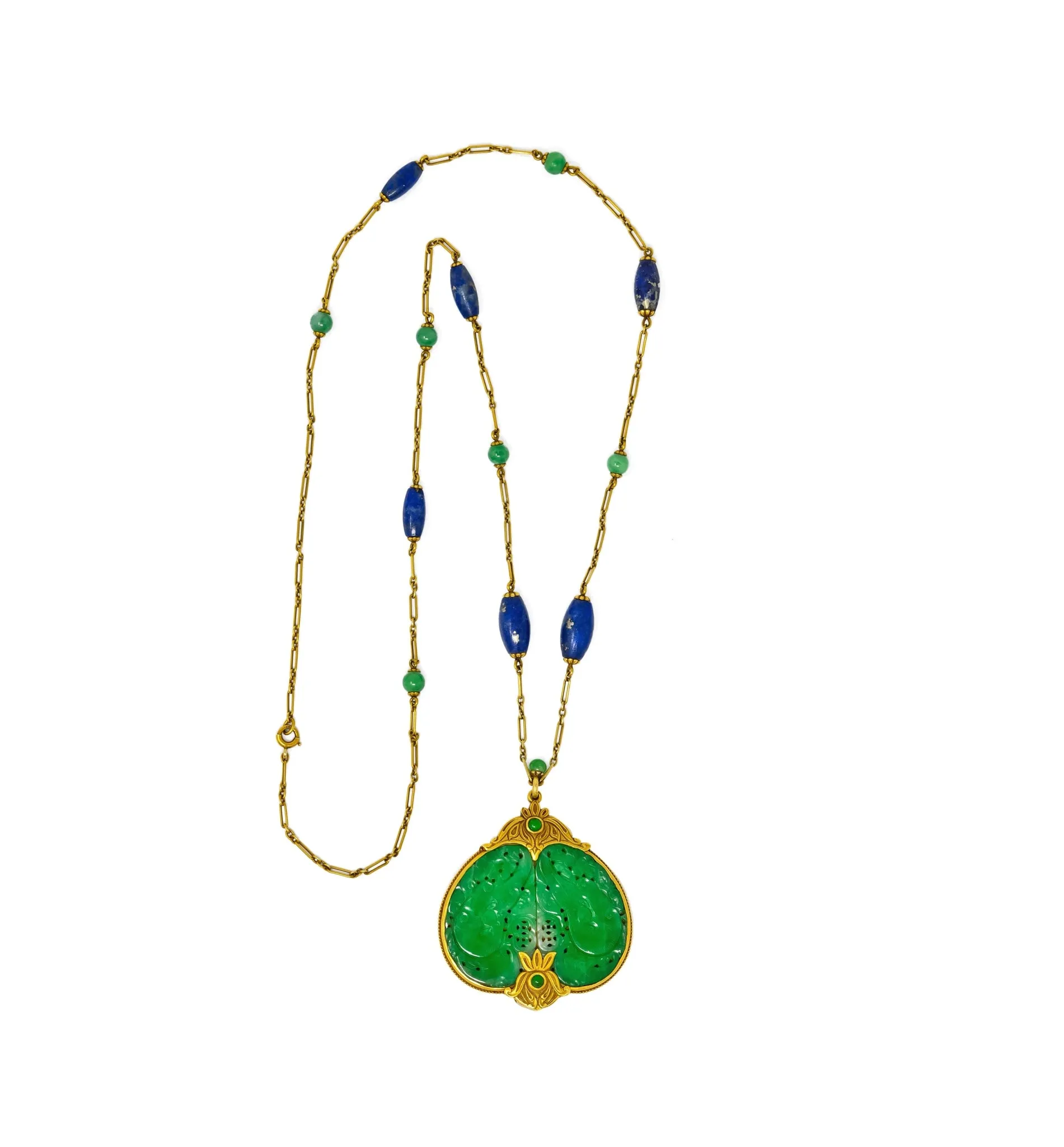 Substantial Arts & Crafts Jade Lapis 14 Karat Gold Medallion Necklace