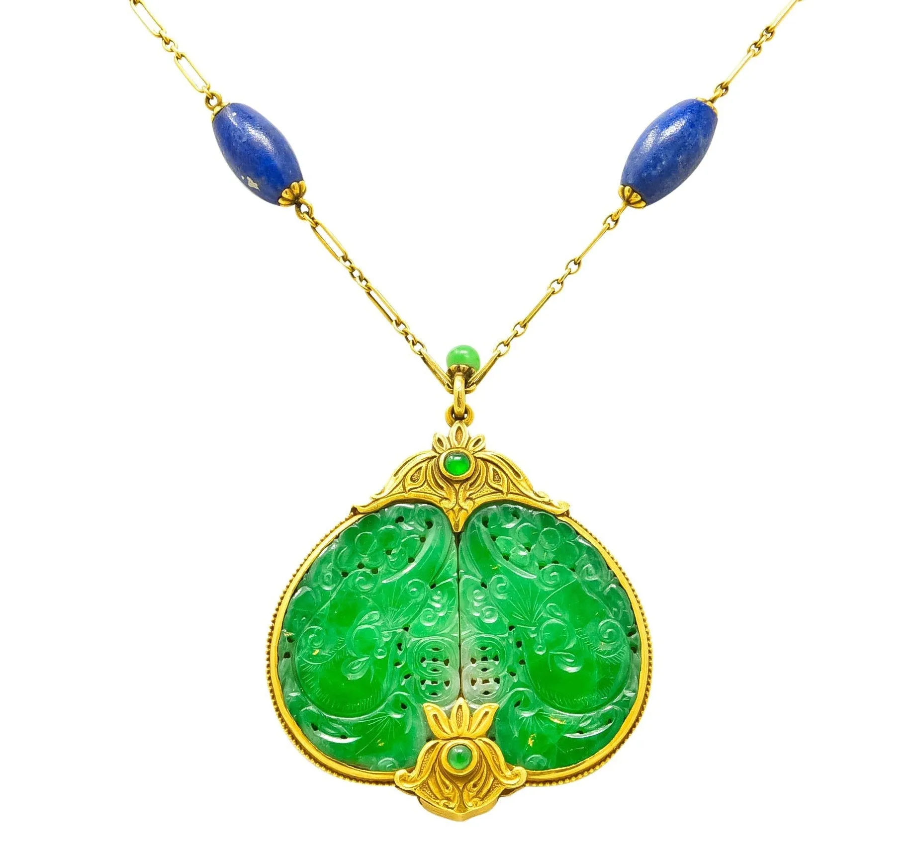 Substantial Arts & Crafts Jade Lapis 14 Karat Gold Medallion Necklace
