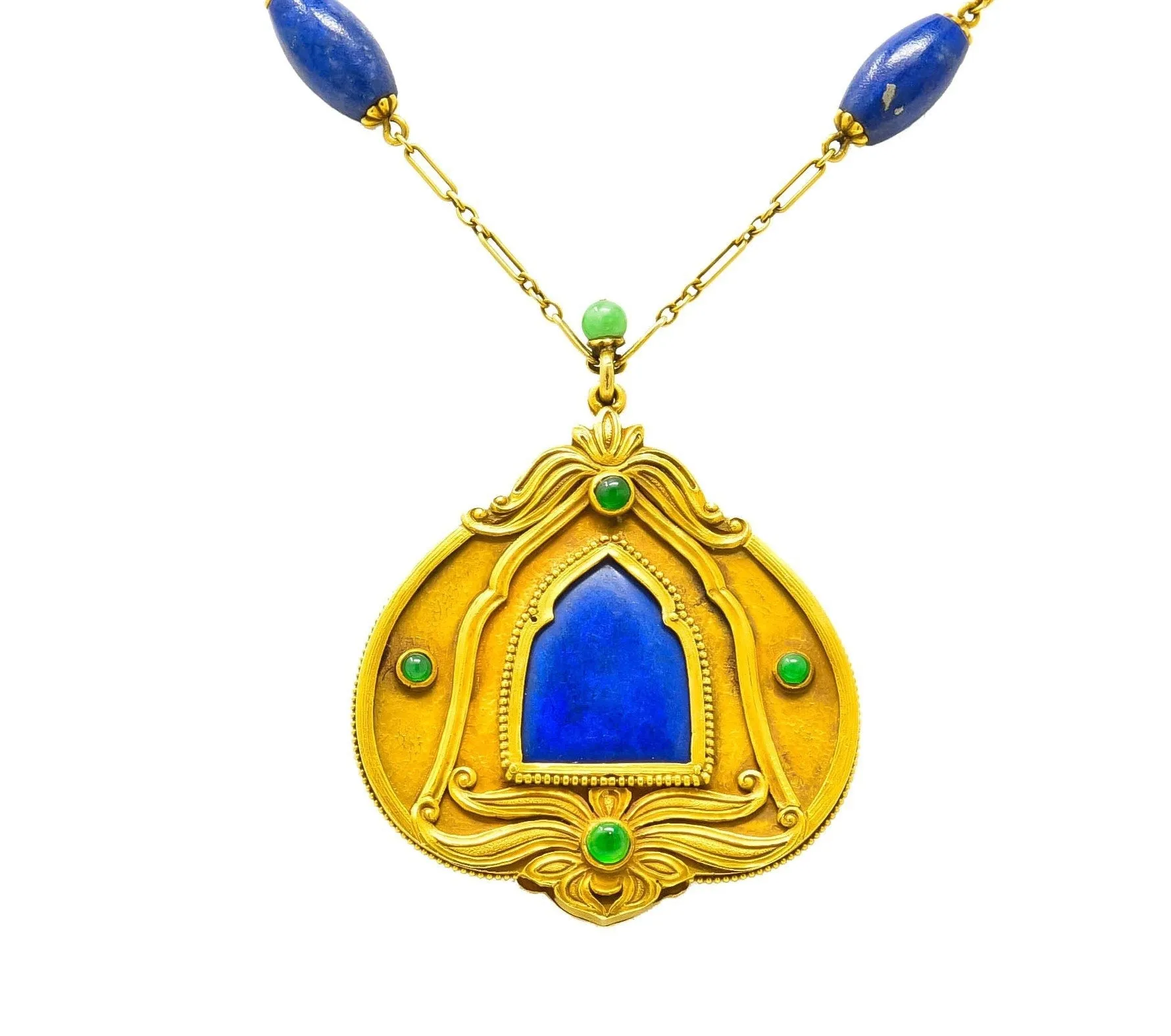 Substantial Arts & Crafts Jade Lapis 14 Karat Gold Medallion Necklace
