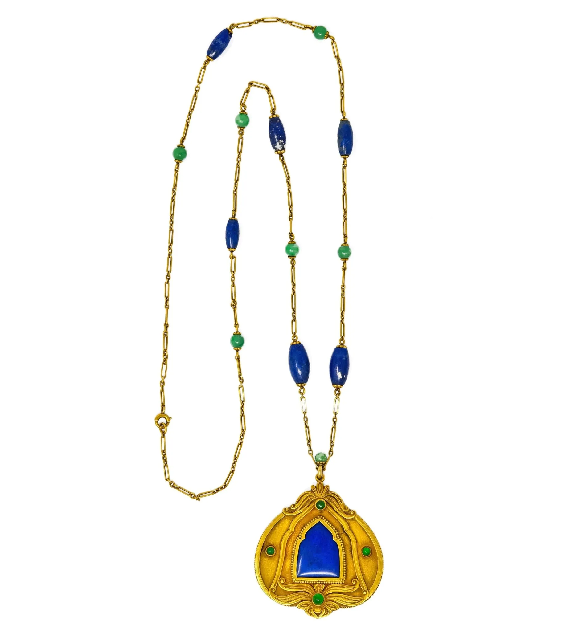 Substantial Arts & Crafts Jade Lapis 14 Karat Gold Medallion Necklace