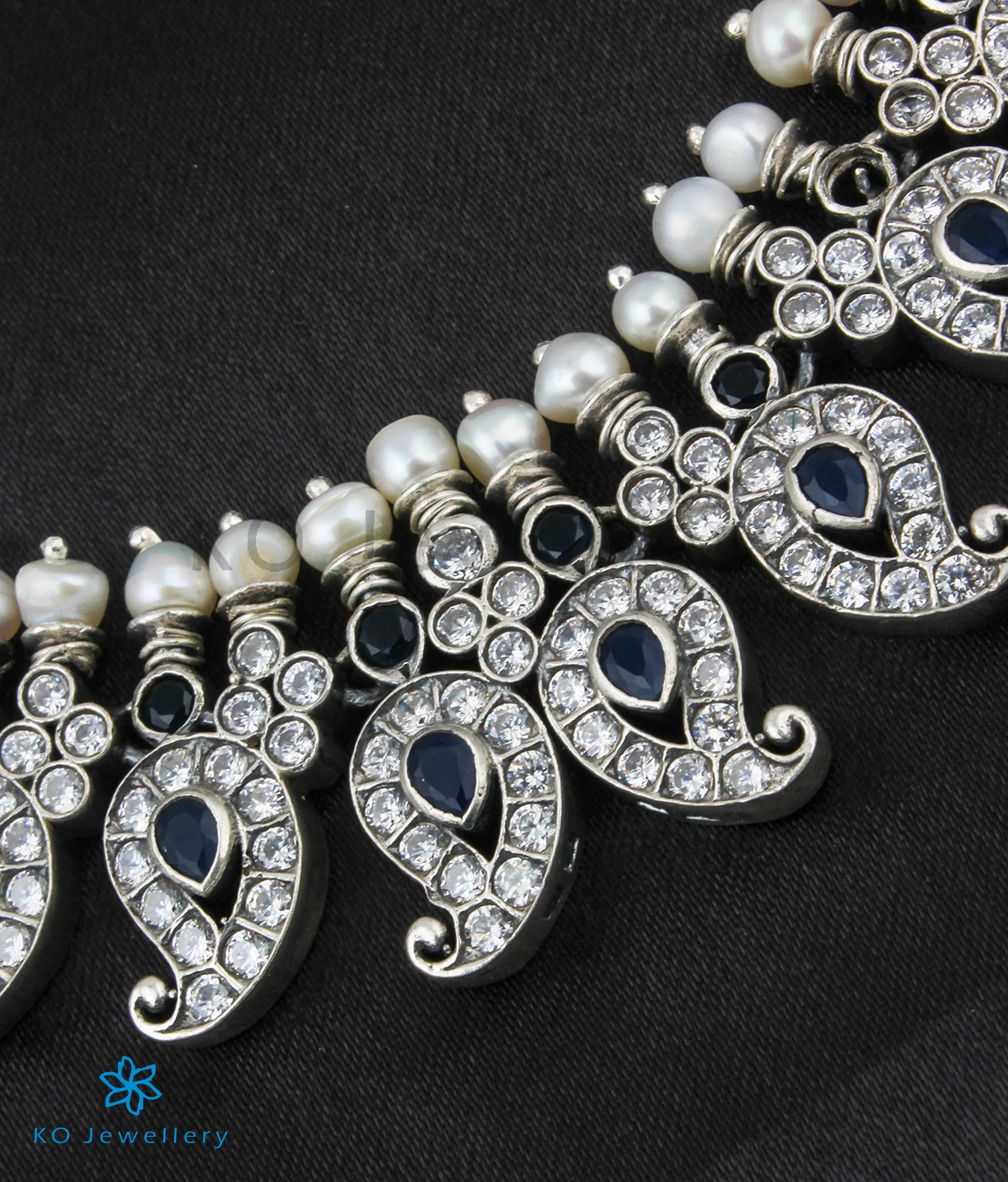 The Prativa Silver Mango Necklace (Oxidised/Blue)