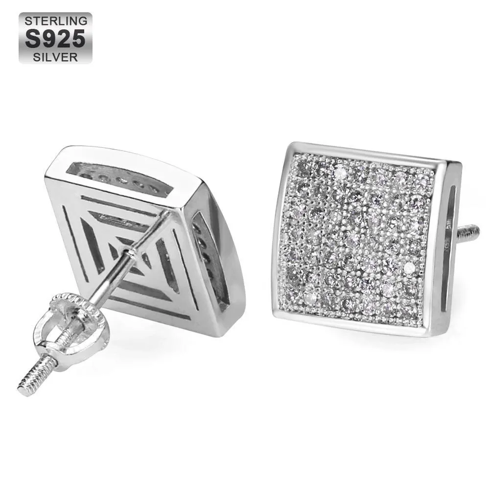 The Pride® - 925 Sterling Silver Iced Square Diamond CZ Stud Hip-Hop Mens Earrings