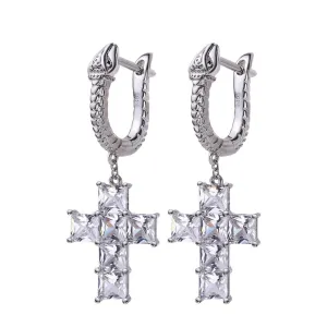 The Serpent ® - Diamond Snake Hoop Hanging Cross Earrings in White Gold