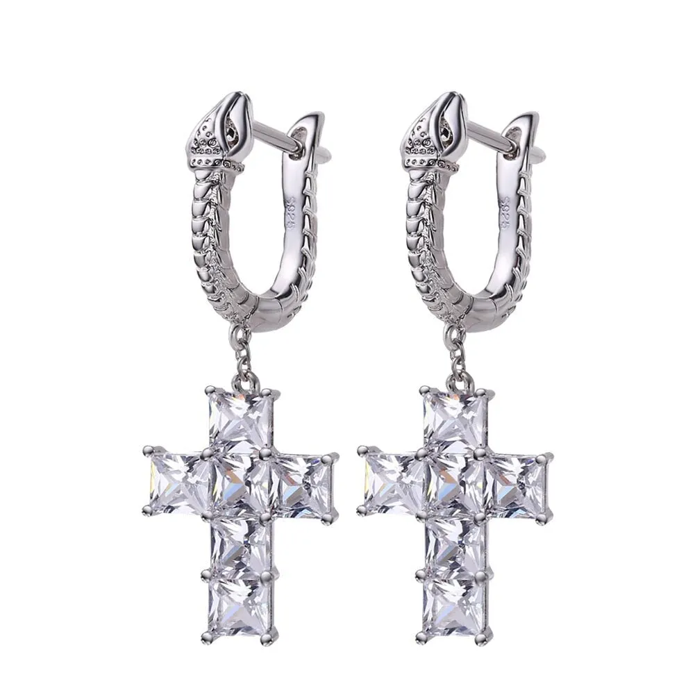 The Serpent ® - Diamond Snake Hoop Hanging Cross Earrings in White Gold