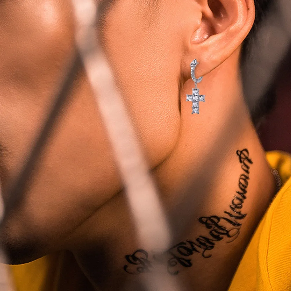 The Serpent ® - Diamond Snake Hoop Hanging Cross Earrings in White Gold