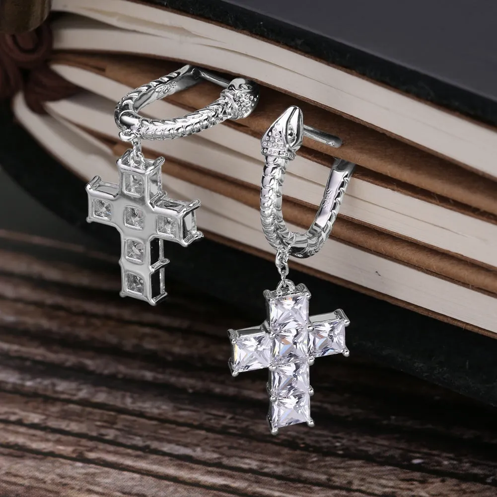 The Serpent ® - Diamond Snake Hoop Hanging Cross Earrings in White Gold