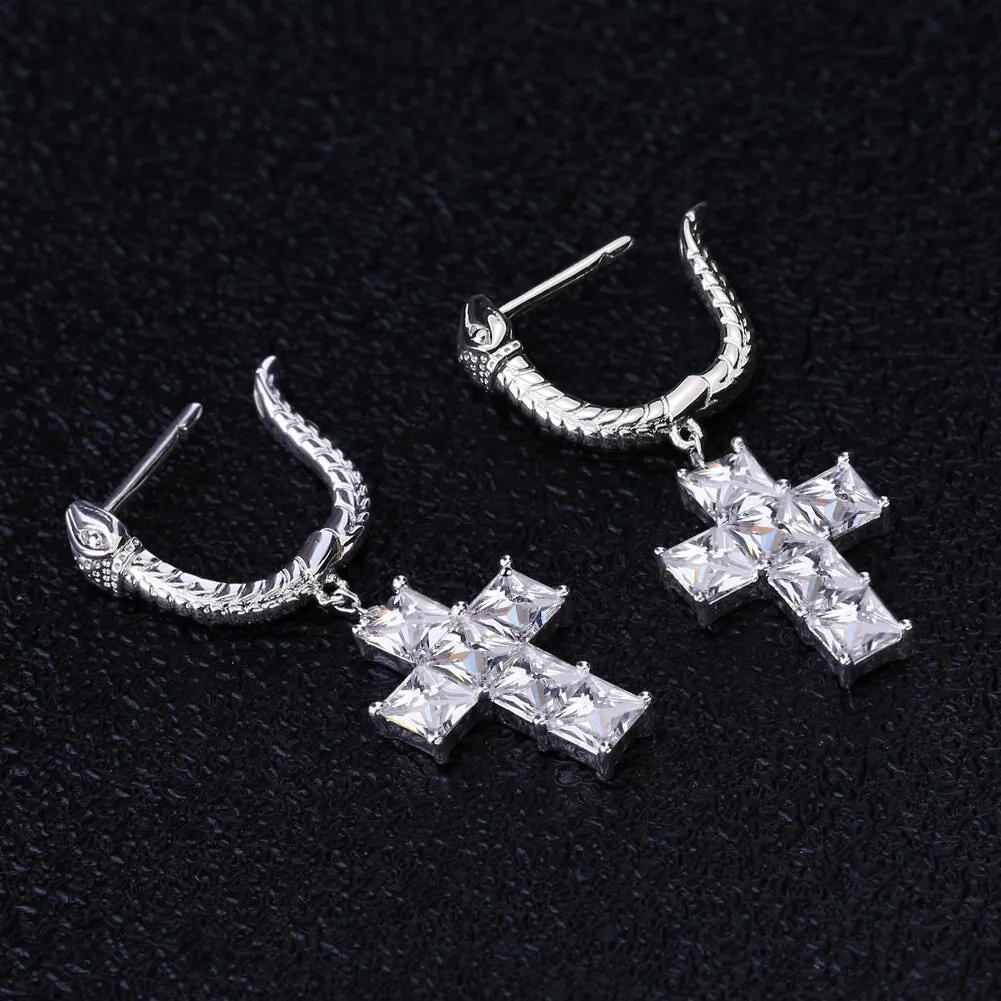 The Serpent ® - Diamond Snake Hoop Hanging Cross Earrings in White Gold