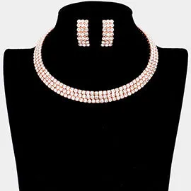 Three Row Clear Diamond Crystal Choker and Earrings on Rose Gold | 596395