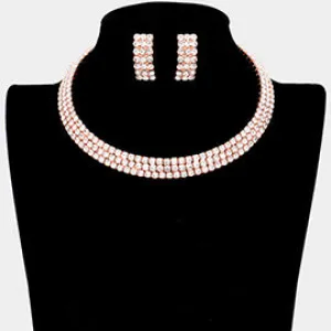 Three Row Clear Diamond Crystal Choker and Earrings on Rose Gold | 596395