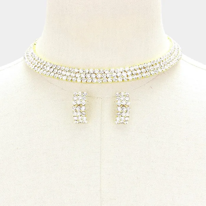 Three Row Rhinestone Choker on Gold | 101770