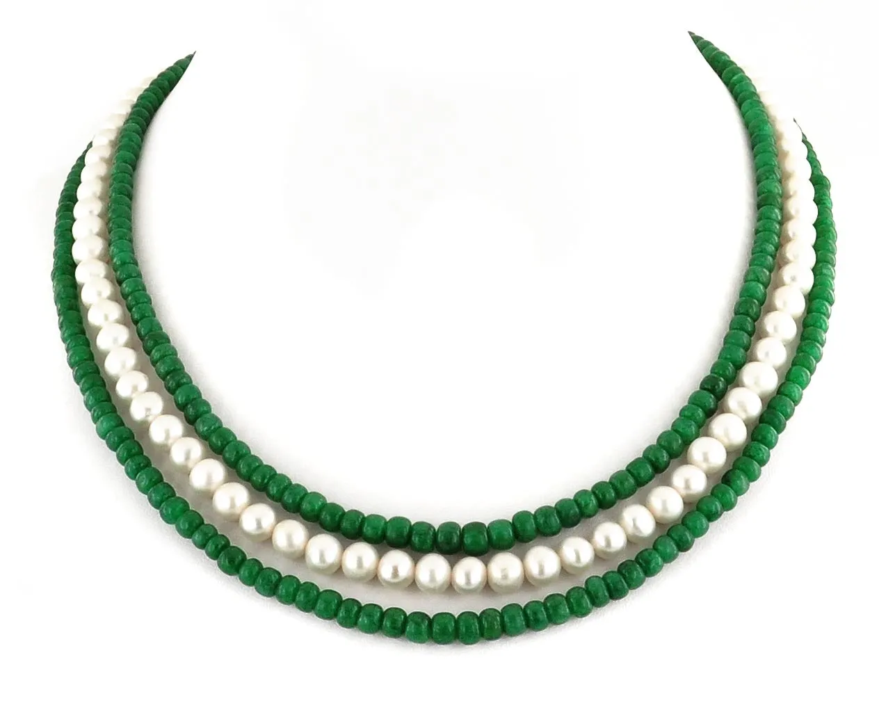 Three Strand Pearl (Moti) & Emerald Beaded Gemstone Fancy Necklace For Women's
