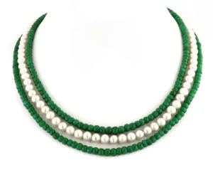 Three Strand Pearl (Moti) & Emerald Beaded Gemstone Fancy Necklace For Women's