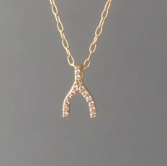 Tiny Wishbone Pave Crystal Necklace